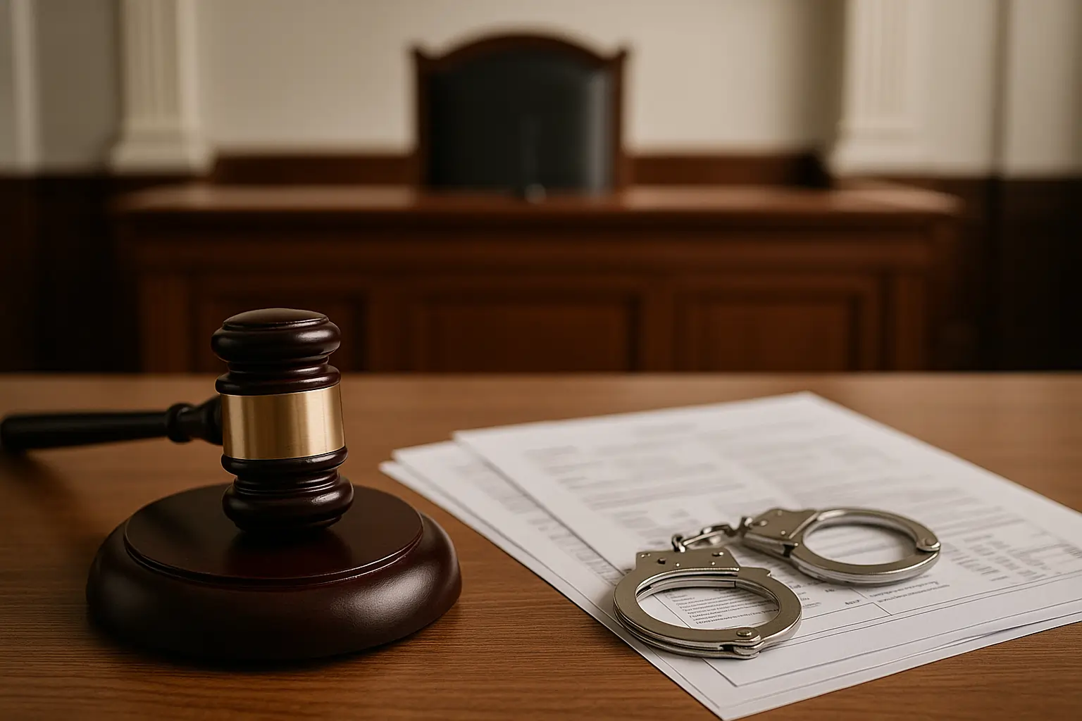 Tymczasowe aresztowanie w sprawach gospodarczych – sędziowski młotek, kajdanki i dokumenty księgowe na sali sądowej